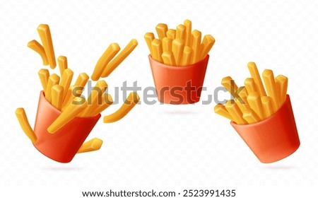 3d french fries. Crispy fry potato takeaway cardboard container, fried chip fast food box package frites potatoes stick bucket, fastfood render realistic exact vector illustration original artwork