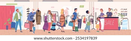 Clothing store queue. Customers standing line at cashier counter in fashion shop american mall, shoppers waiting vendors saleswoman boutique purchase, classy vector illustration original artwork