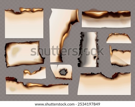 Paper burnt edges. Burn page border frame, burning ash stain realistic papers texture smoldering parchment torn rough edges fire effect scorched surface, exact vector illustration original artwork