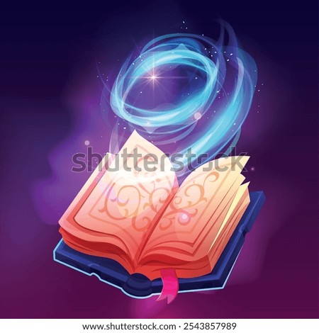 Spell book cast. Fantasy rpg game books spelled magic spells, wizard or witch casting spelling glow energy witchcraft sprite, cartoon fairytale storybook swanky vector illustration original artwork