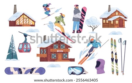 People ski resort. Family alpes mountain christmas tour winter vacation skiing snow outdoor sport, cable car lift skier skis equipment alpine rest cafe classy vector illustration original artwork