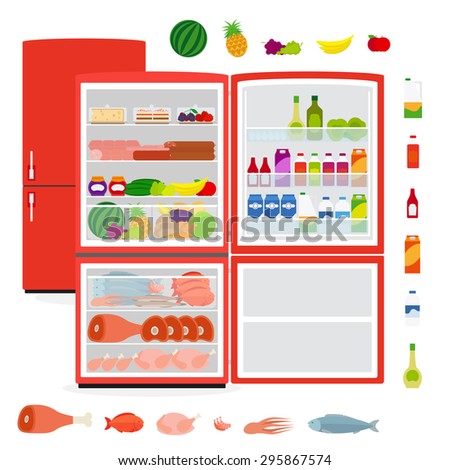 Red full opened refrigerator with food