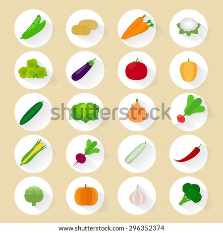 Vegetables flat vector icons with long shadow