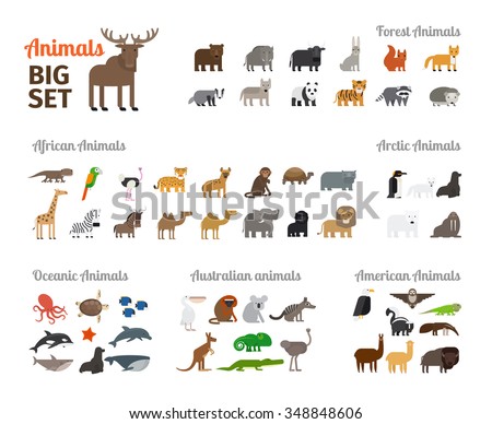 Animals in flat style big set. Forest animals and animals from different continents. Vector illustration.