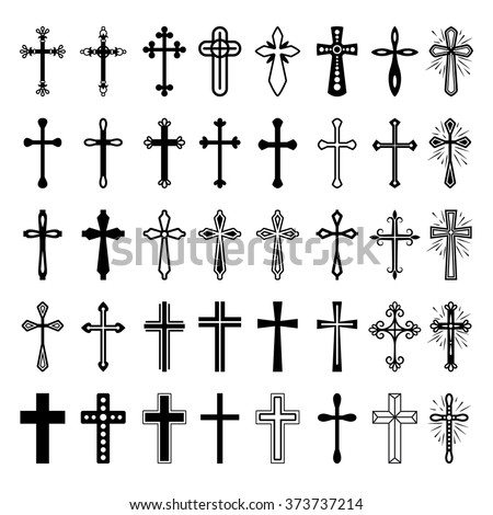 Christian cross icons. Vector line black christian cross set on white background