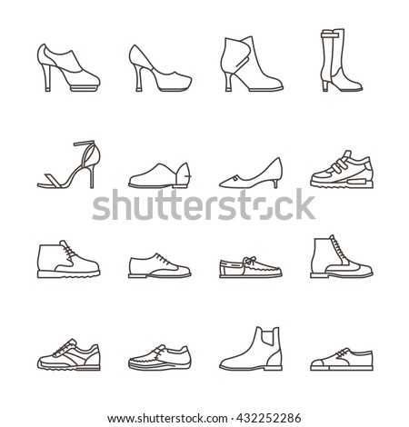 Shoes line vector icons. Sneakers and women shoes, footwear linear icons. Vector illustration