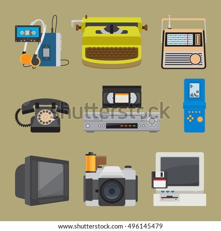 Retro gadgets icons. Portable cassette player and old pc, vintage gamepad and old camera vector illustration