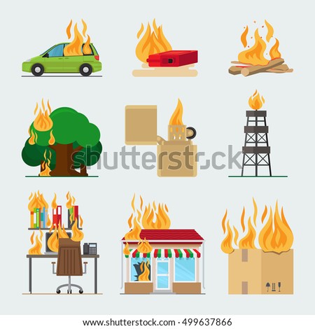 Fire risk icons. Fire in home and building, forgot fire vector signs for insurance and fire safety infographic