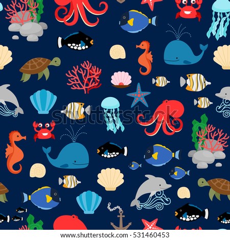 Sea pattern with fishes octopus whales and crabs on dark blue background. Vector illustration.