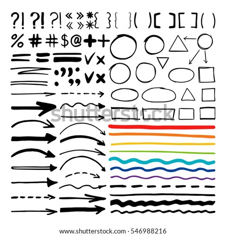 Marker pen written vector shapes. Highlight hand written arrows, lines and signs isolated on white background