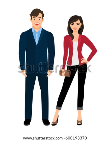 Office style clothed fashion beautiful couple on white background. Vector illustration