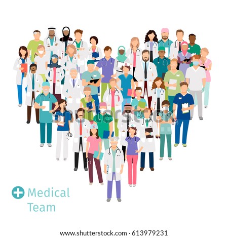 Healthcare medical team in shape of heart. Hospital staff health professionals group in uniform for your concepts. Vector illustration