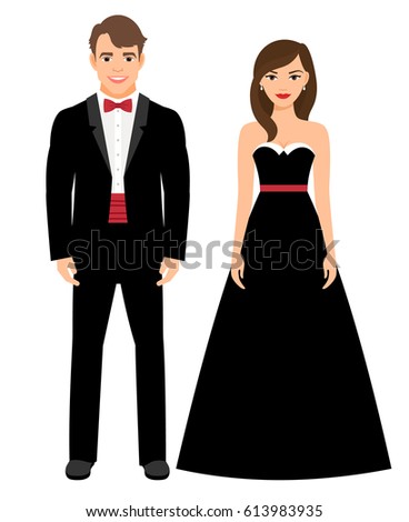 Official evening clothes fashion couple. Man in black tux and woman in long black dress vector illustration