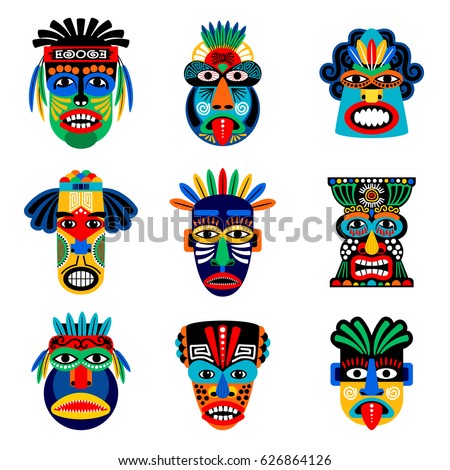 Zulu or aztec mask vector icons. Mexican indian inca warrior masks isolated on white background