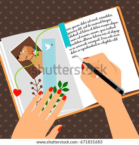 Girls diary with writing secrets vector illustration. Open notepad scheduler with bookmark and dog photo