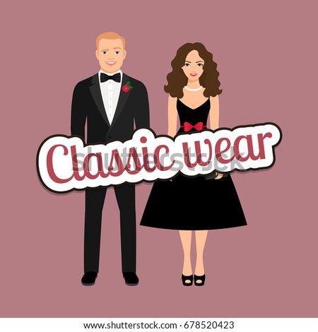 Beautiful couple in black dress and tux in classic wear style vector concept