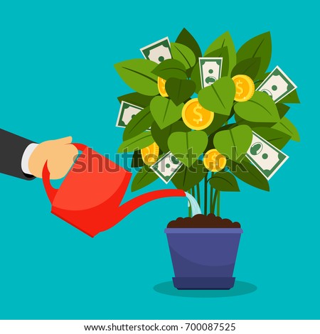 Growing money tree vector illustration. Businessman hand watering money tree