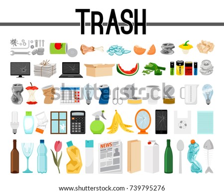 Big collection of trash and garbage, vector illustration