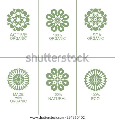 Set of natural organic eco badges and green labels. Vector illustration. Made with organic. Active organic