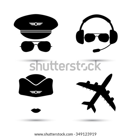 Stewardess, pilot, airplane silhouette. Black icons of aviator cap,  hat and jet. Aviation profession. Flight attendant. Vector illustration. Isolated on white