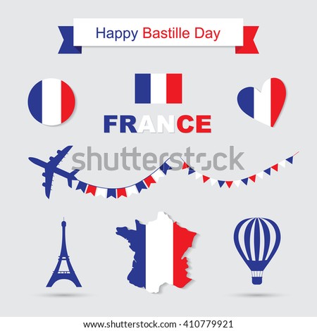 Bastille Day, Independence Day of France, symbols. French flag and map icons set. Eiffel Tower icon