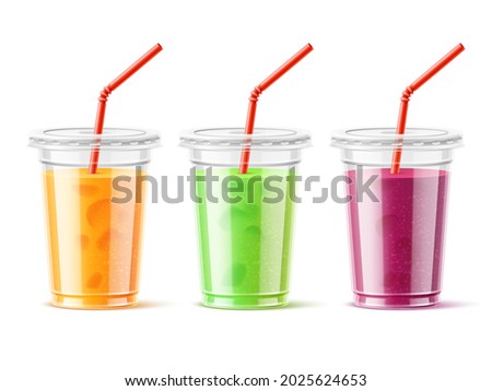 Plastic cup juice. Realistic color fruits