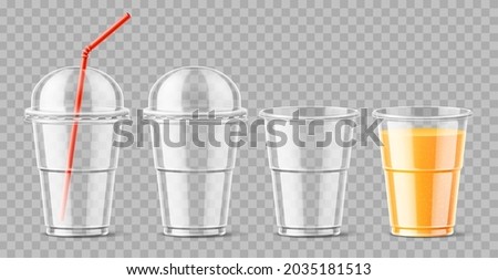 Plastic cup. Realistic takeaway transparent drinks