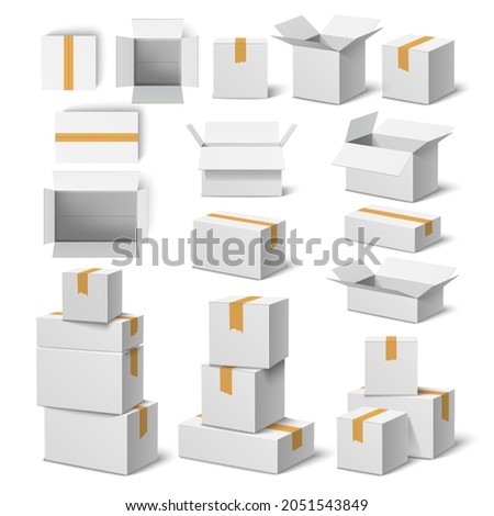 White cardboard boxes. Empty realistic parcels