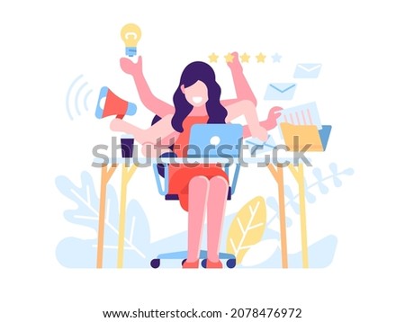 Multitasking woman. Successful business woman performing multiple tasks productive, work efficiency, workaholic secretary workplace, time management vector isolated