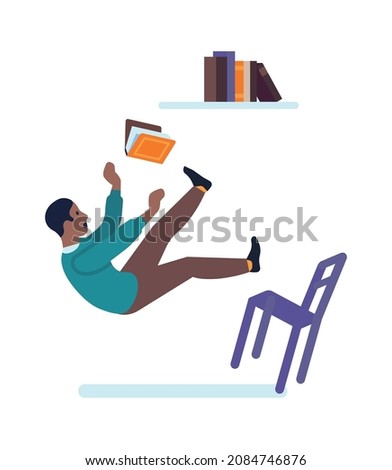Man trying get book from top shelf and falling down from chair
