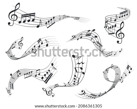 Music notes bearer flows. Wavy note key compositions. Melody scale dark swirling silhouettes. Musical cipher. Curve lines. Piano tune signature. Vector harmony graphic