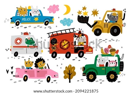 Cartoon animal drivers. Cute baby motorist characters, funny kids vehicles. Ambulance, fire engine and police, excavator and suv, nursery decor, vector childish transport Сток-фото © 