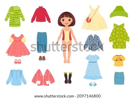 Girl clothes. Little funny character with garments. Paper doll for children play. Fashionable constructor. Seasonal jackets and coats. Dresses and shoes. Vector kid and
