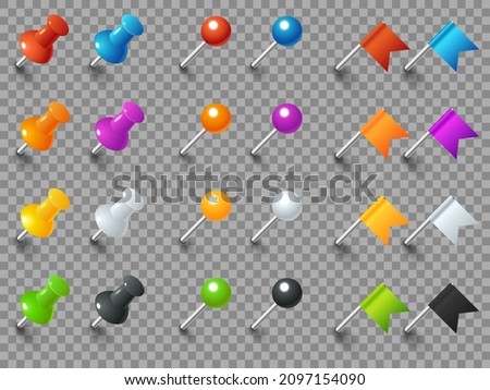 Pins flags tacks. Realistic attached office push pin collection, 3d colored stationery thumbtacks and flags, metal needles and plastic stems elements, vector isolated set