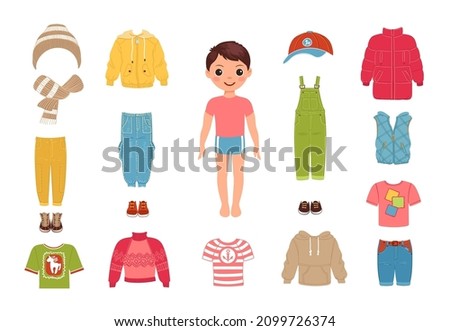 Boy clothes. Kids fashion outfit constructor. Male fashionista. Paper doll with jackets and vests. Jumpsuits and sweaters. Seasonal wardrobe. Footwear and clothing Foto stock © 