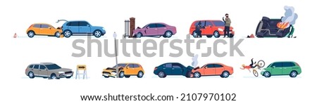 Road traffic accident. Dangerous situations with cars. Broken or burning vehicles. Drivers errors. Automobile knocking down cyclist. Thief steals auto. Vector transport Сток-фото © 