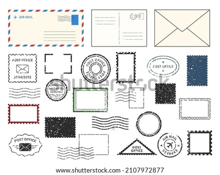 Postal with stamps envelope. Different types of letters and post cards. Delivery postmarks and labels. Vintage grunge textures. Correspondence seal imprints. Vector mail