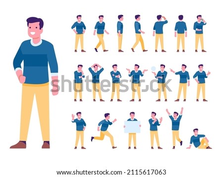 Cartoon male character poses. Guy standing in casual clothes. Different body positions and actions. Man running and walking. Emotion expressions or gestures. Vector