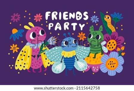 Funny bug poster. Colorful insects team with spring flowers. Nocturnal moths and earthworm. Caterpillar or butterfly. Animal characters with happy faces. Friends party Stockfoto © 