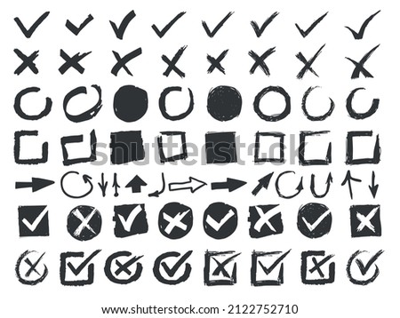 Hand drawn signs. Doodle black check marks. Crosses and arrows. Monochrome handwritten squares and circles. Tick isolated symbols. Empty and filled boxes. Vector