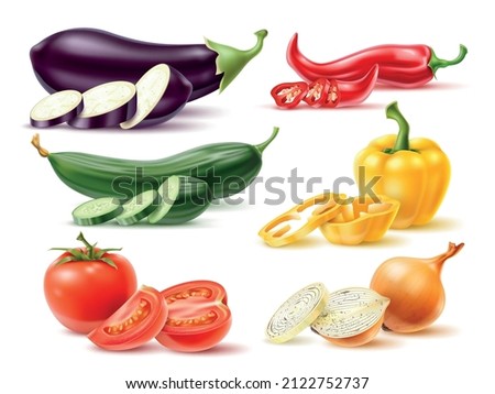 Realistic vegetables. 3D agriculture food. Fresh farm products. Whole or sliced eggplant. Onion and pepper. Organic harvest. Tomato and cucumber. Vector vegetarian meal