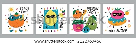 Funny fruits cards. Summer juicy characters. Happy orange and lemon resting on sea. Relaxing pear and berries. Vitamin party. Beach accessories and short texts. Vector