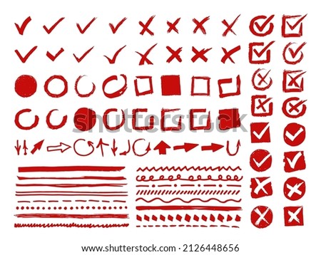 Doodle check mark and underline signs. Hand drawn red arrows, crosses and circles. Checklist and vote silhouette icons. Dividers and directional symbols. Vector grunge