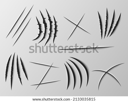 Realistic knife cut. Sharp blade carved effect. Paper incision. Wild animal claws marks. Beast rough slash scratches. Torn surface. Nail tear traces. Vector various