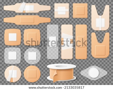 Realistic medical bandages and plasters. 3D sticky tape. Sealing wounds and injury. Antibacterial adhesive strips and rolls. Different shapes. First aid. Vector