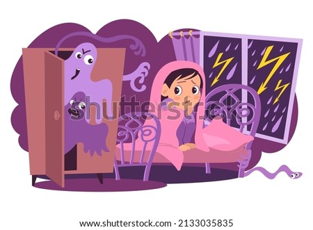 Children nightmares. Scared girl in bed. Kids afraid boogeyman monsters in closet. Cartoon ghosts s and thunderstorm. Dark room. Night phobia. Feared baby under blanket