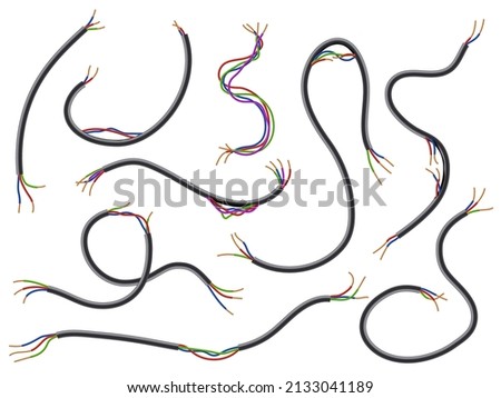 Broken wires. Realistic flexible torn cables with colored wiring. Damaged electrical connections. Different length pieces. Uninsulated current circuit. Vector electricity Foto stock © 
