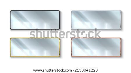 Realistic mirrors colors frames. Rectangle shape reflective glass surfaces. Different materials. Copper, gold, black and silver. Hanging on wall furniture. Vector