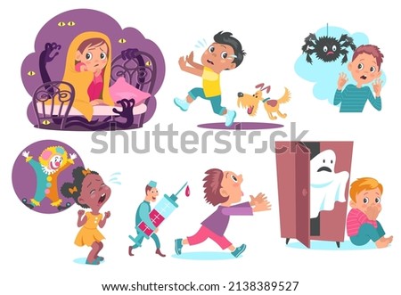 Kids fears. Boys and girls with childish phobias. Horror characters and scared children. People afraid monsters, ghosts, dog and spider. Frightened persons. Vector babies