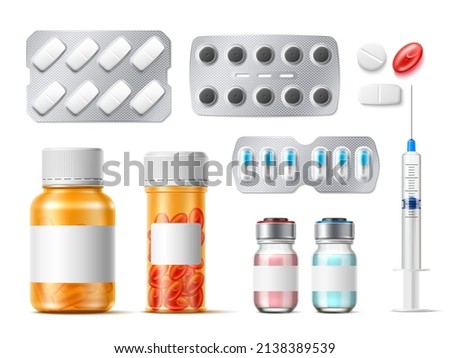 Realistic medicine pills bottles. Pharmaceutical containers with vitamins or drugs. Tablets in blisters. Syringe and ampoule. Painkiller capsules. Vector prescription